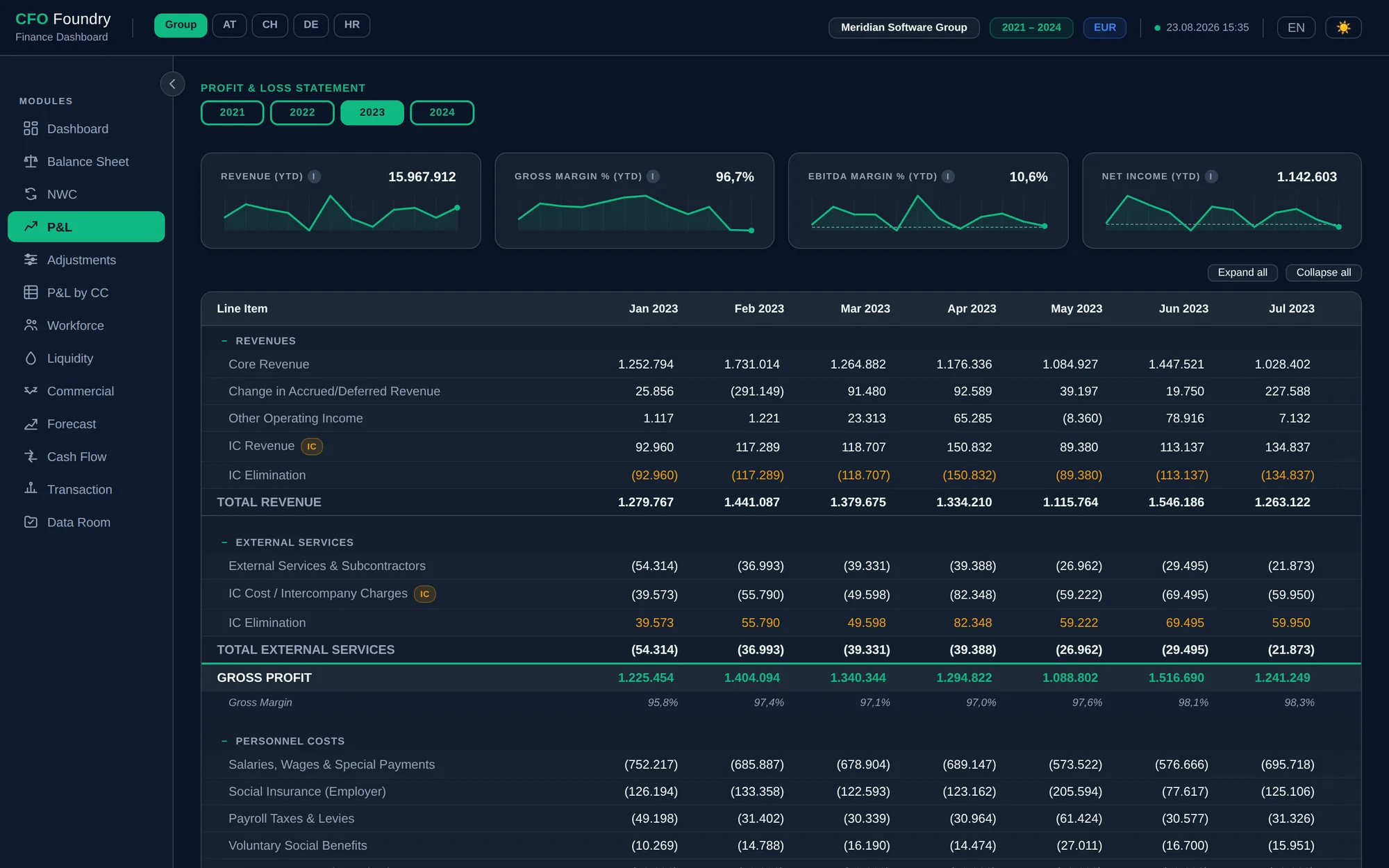 P&L line items with gross margin row