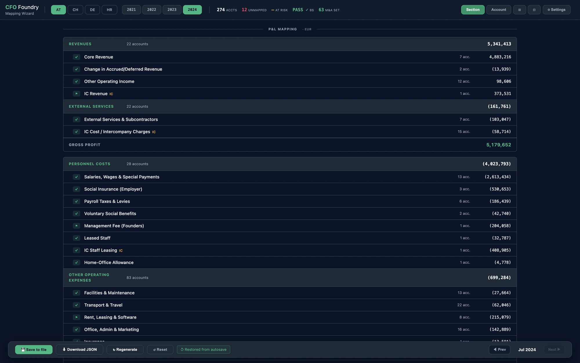 Account Mapping Wizard — GL accounts mapped to P&L lines