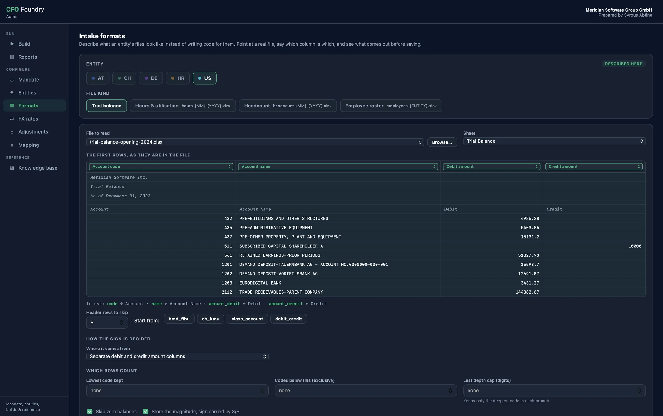 Admin console: intake format of a trial balance, columns assigned to fields