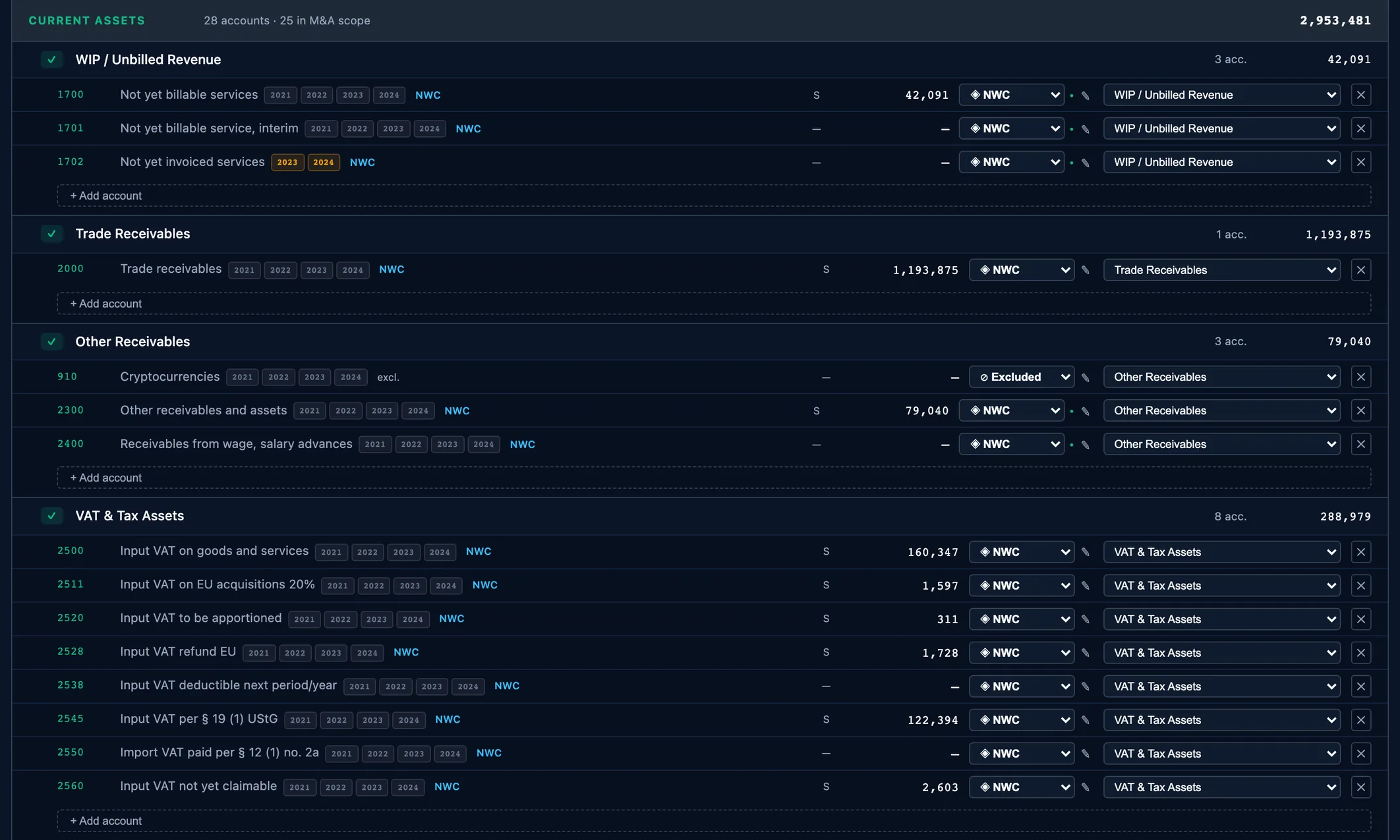 The mapping wizard, balance sheet, current assets: each account with its treatment, working capital or excluded, beside its category