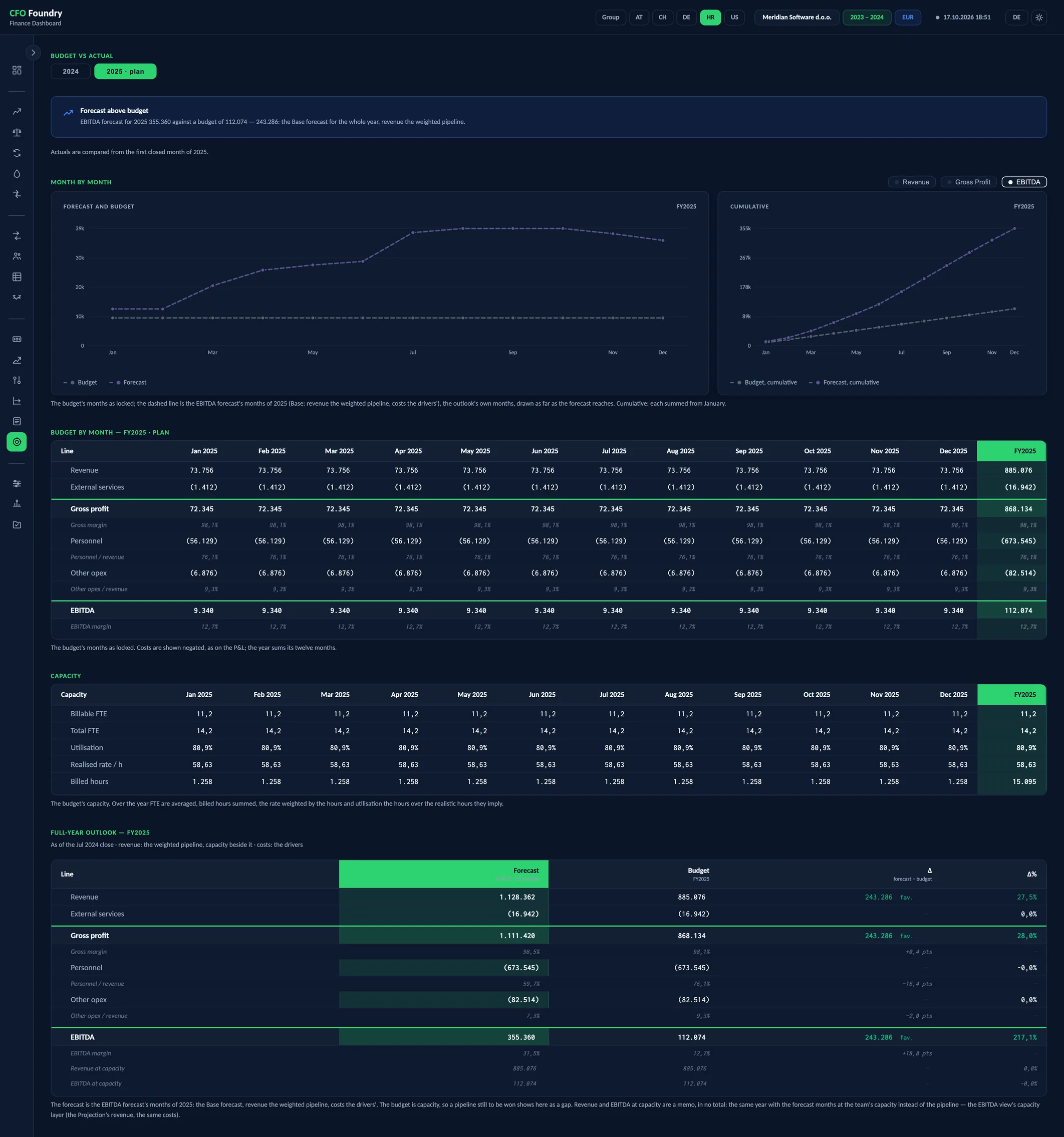 The Plan Year, a view of the CFO Foundry report with Budget by month: FY · plan, Capacity and Full-year outlook: FY.